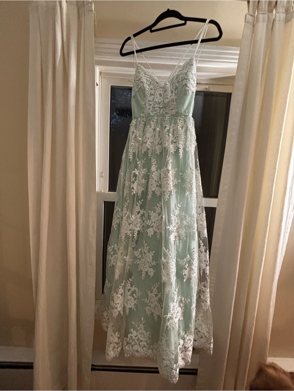 Sleeveless Mint Lace Overlay Prom Gown with Spaghetti Straps